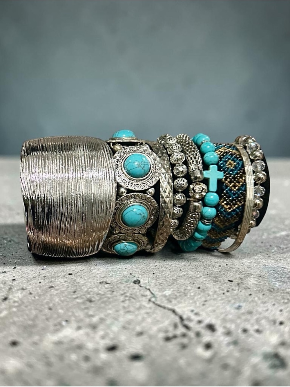 Boho Turquoise Silver Bracelet Stack Set Beaded Cross Cuff Layering Jewelry